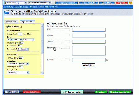 Vnosna polja v obrazcu za stike